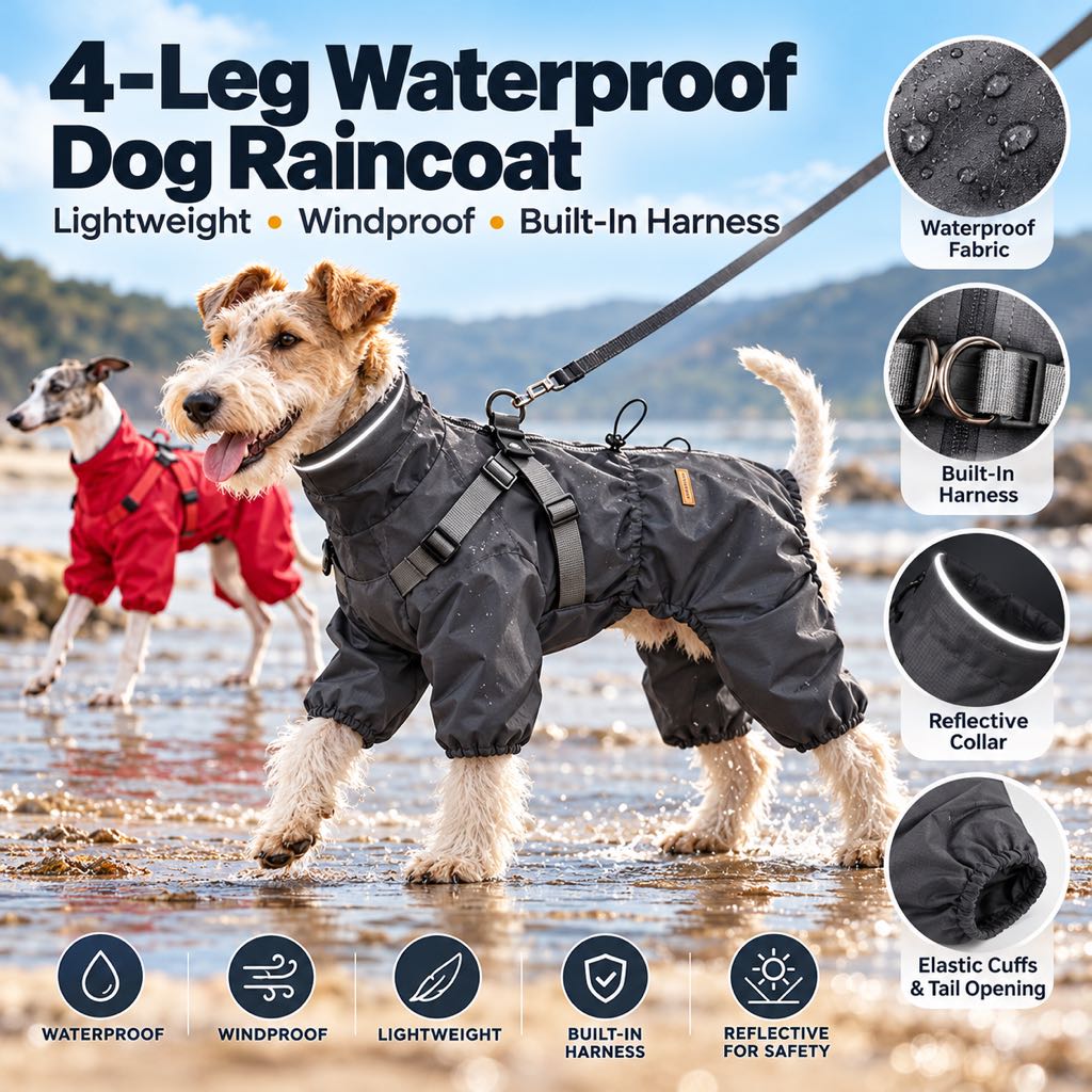 Waterproof 4-Leg Dog Raincoat – Built-In Harness