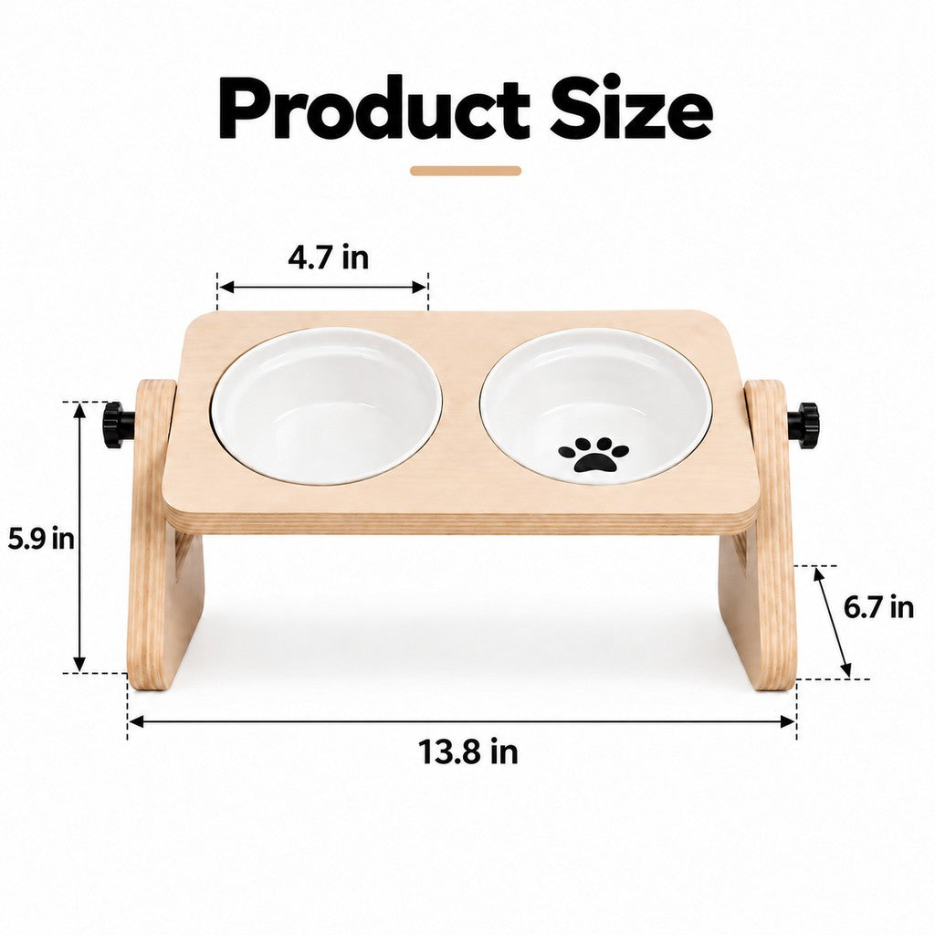 Wooden Elevated Pet Feeder – Double Ceramic Bowls