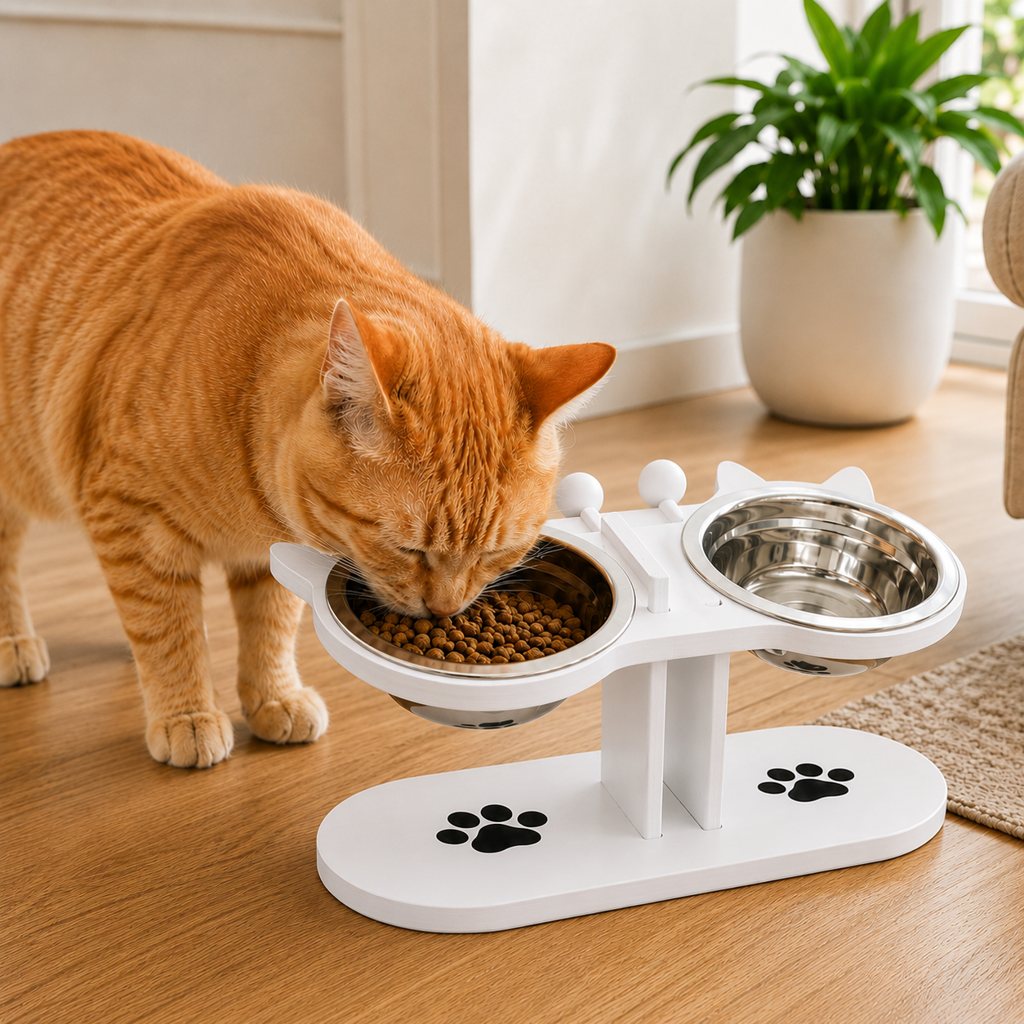 Elevated Wooden Cat Feeder – Stainless Steel Bowls