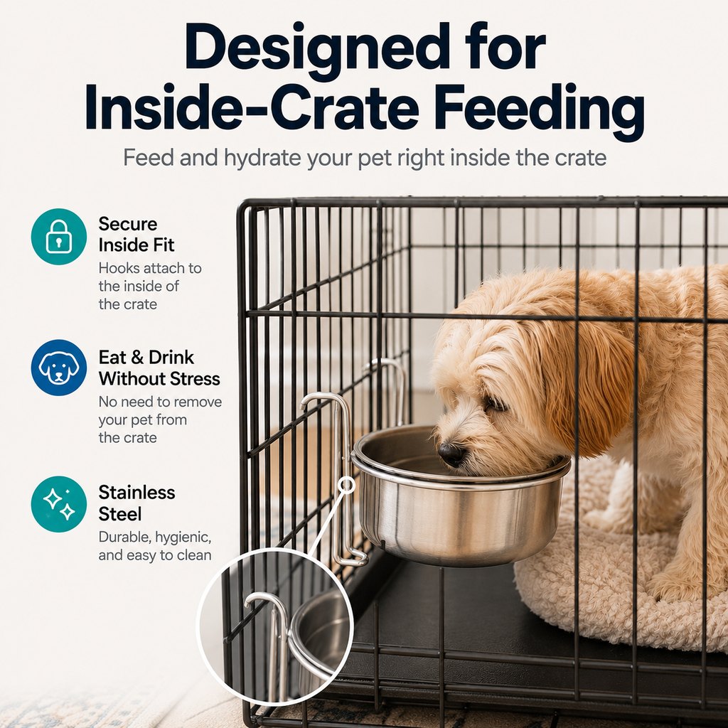 Hanging Crate Pet Bowl – No-Tip Kennel Feeding