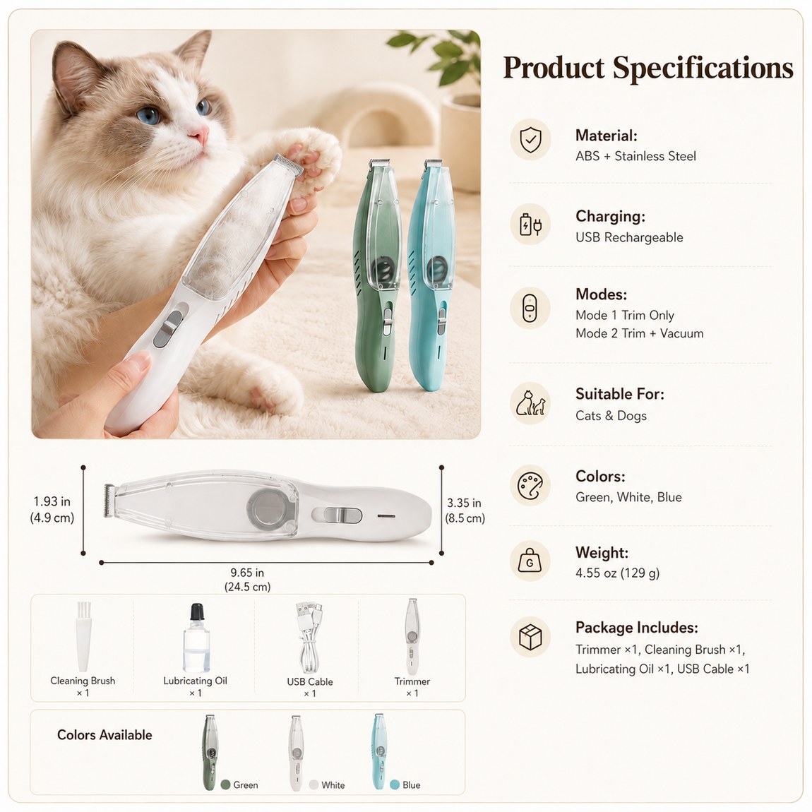 Pet Paw Trimmer with Vacuum – Low-Noise, Mess-Free