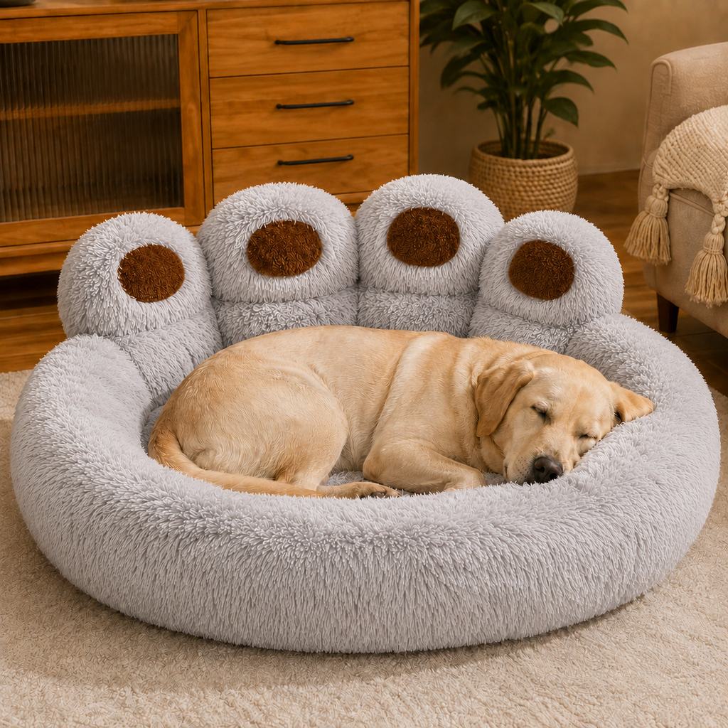Paw-Shaped Plush Dog Bed – Raised Bolster Comfort