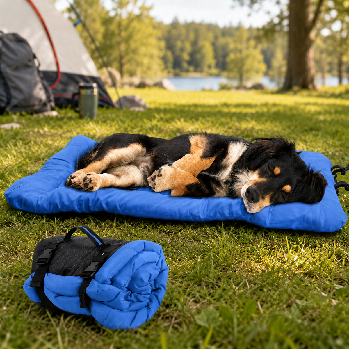 Roll-Up Outdoor Dog Bed – Clean Rest for Camping & Car