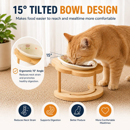 Elevated Ceramic Pet Bowl – Wooden Stand