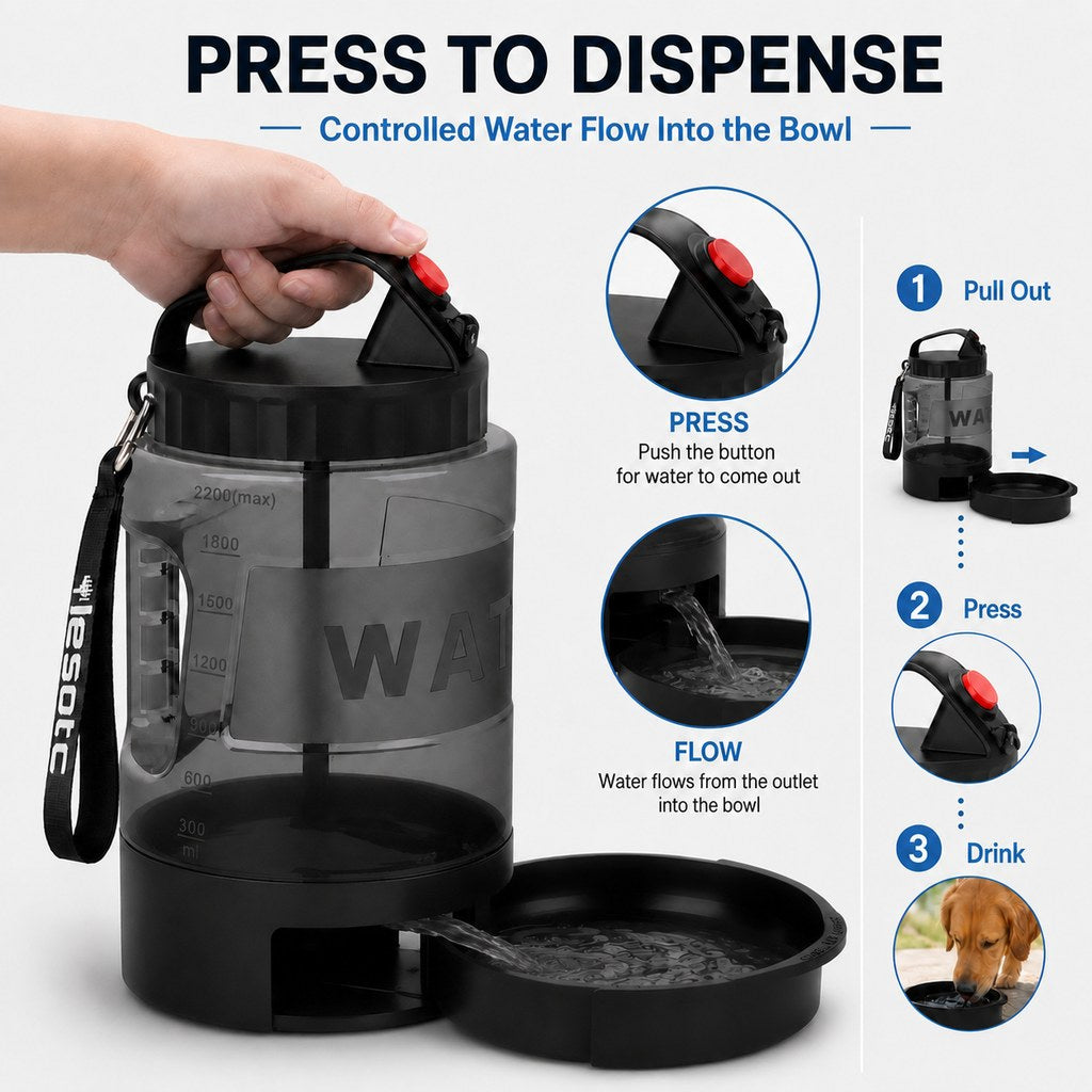2.2L Dog Travel Water Bottle – Pull-Out Bowl