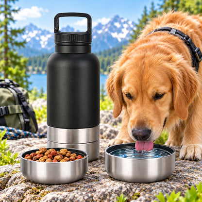 3-in-1 Pet Travel Bottle – Water, Food & 2 Bowls