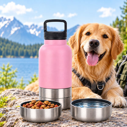 3-in-1 Pet Travel Bottle – Water, Food & 2 Bowls