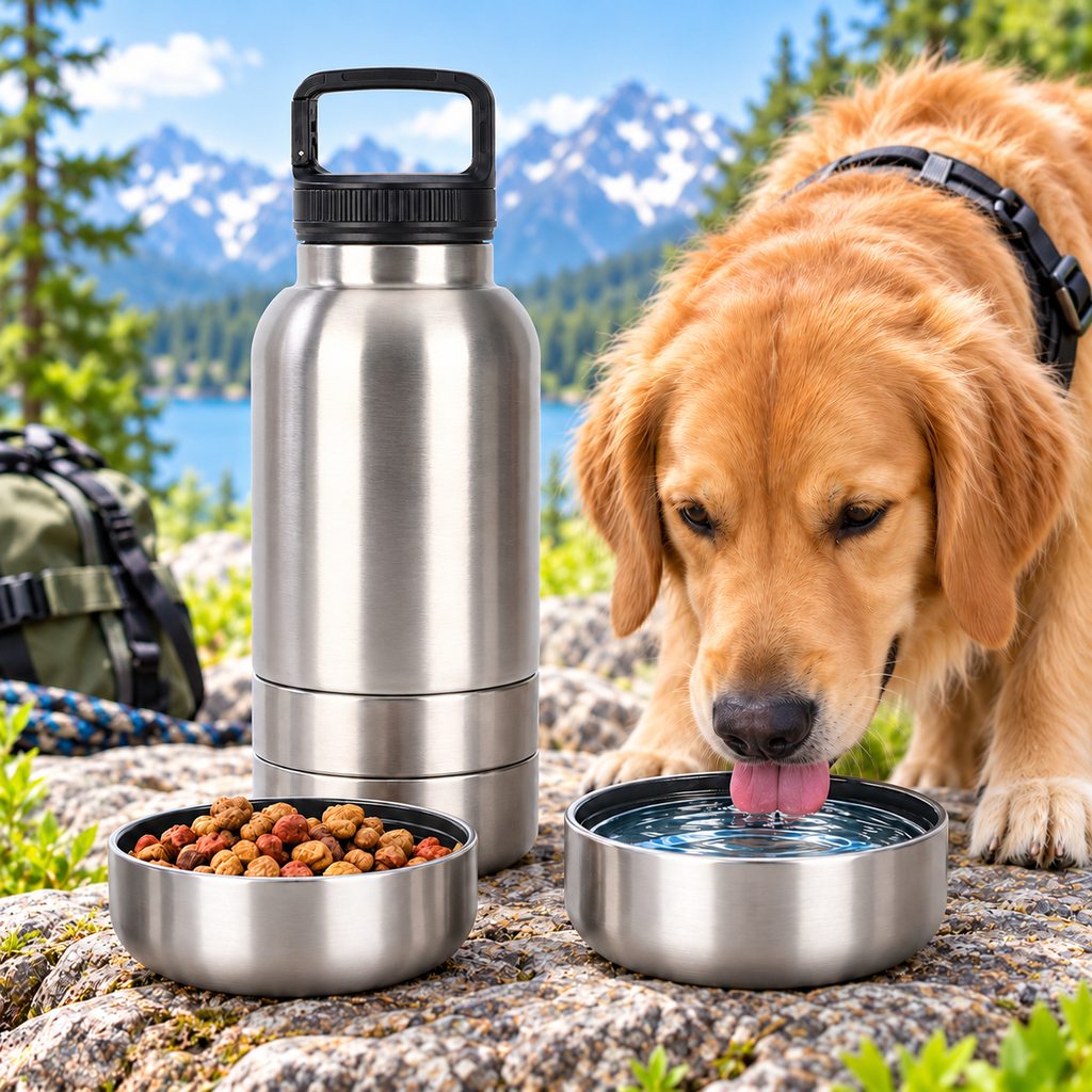 3-in-1 Pet Travel Bottle – Water, Food & 2 Bowls