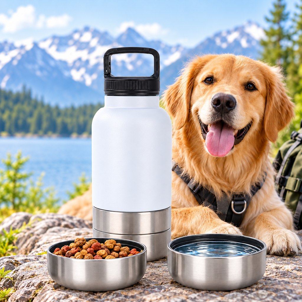 3-in-1 Pet Travel Bottle – Water, Food & 2 Bowls