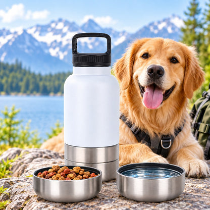 3-in-1 Pet Travel Bottle – Water, Food & 2 Bowls
