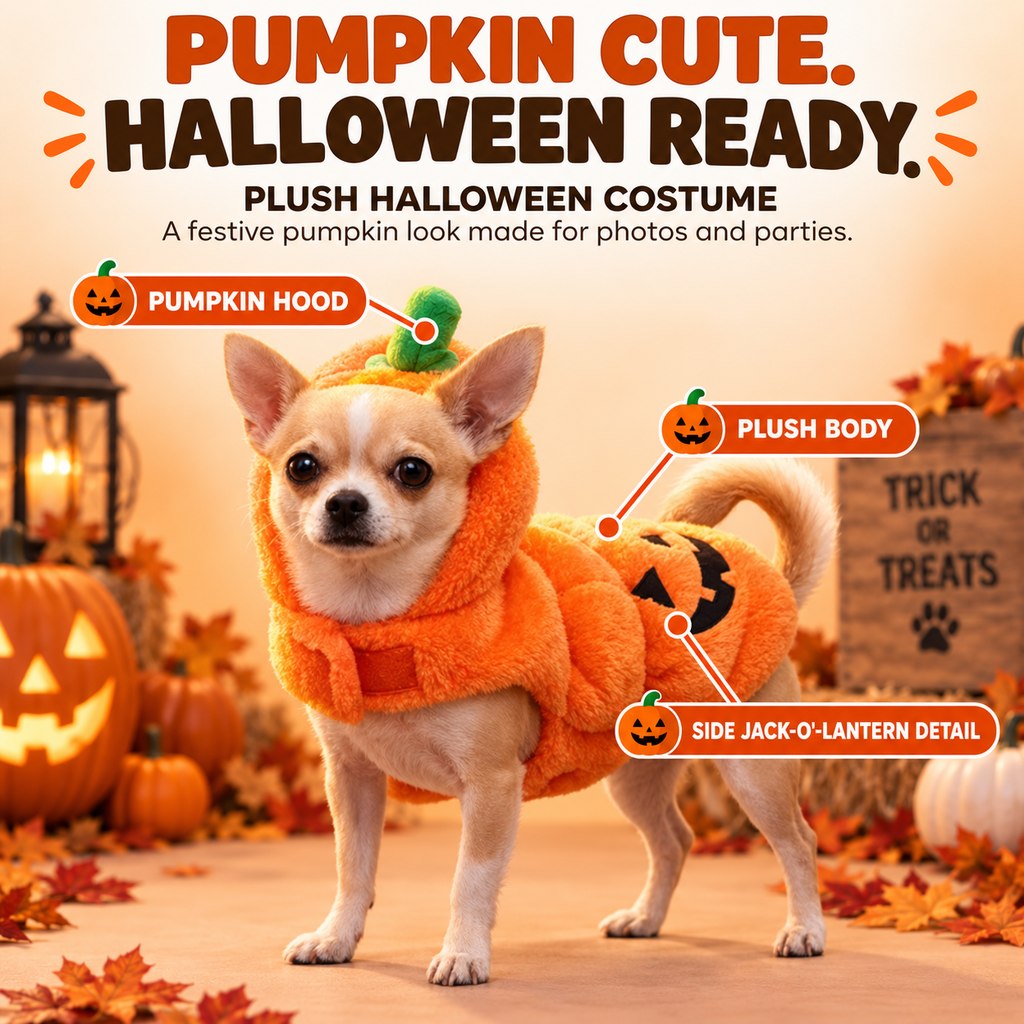 3D Pumpkin Dog Costume – Plush Jack-O'-Lantern