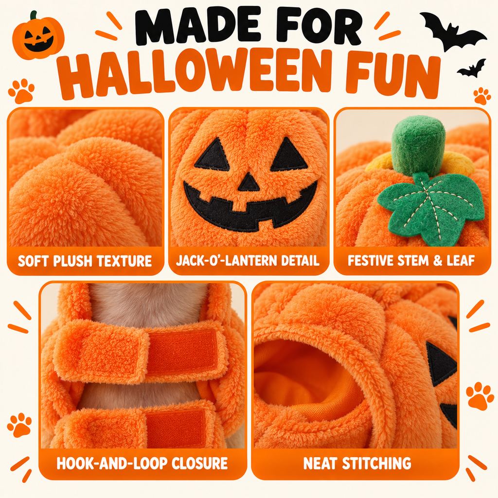 3D Pumpkin Dog Costume – Plush Jack-O'-Lantern