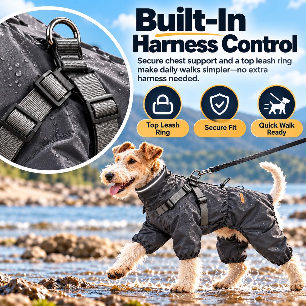 Waterproof 4-Leg Dog Raincoat – Built-In Harness