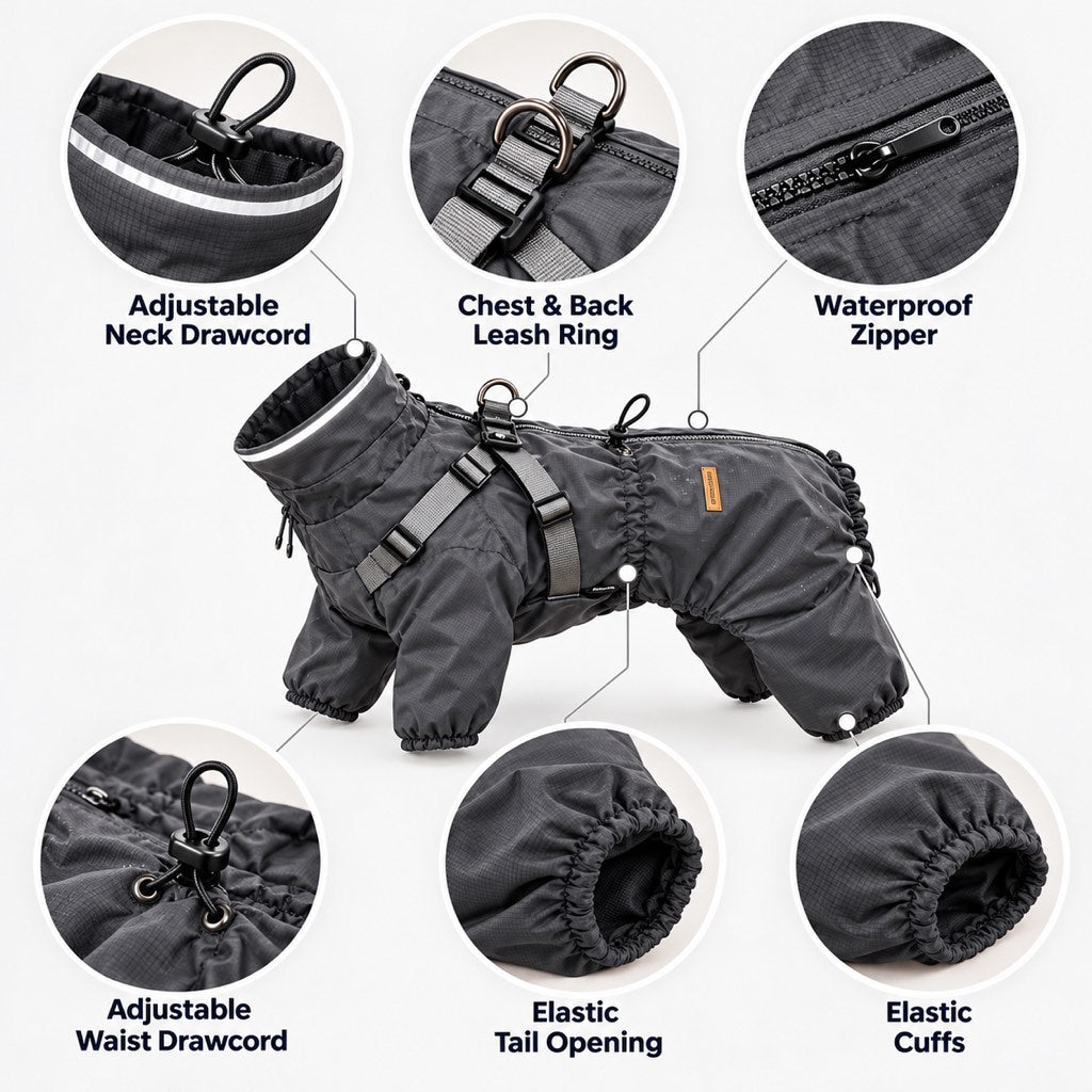 Waterproof 4-Leg Dog Raincoat – Built-In Harness