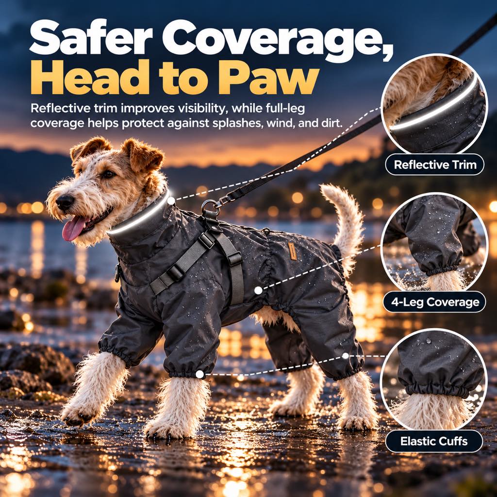 Waterproof 4-Leg Dog Raincoat – Built-In Harness