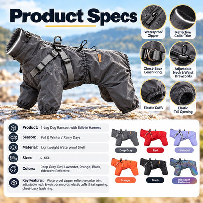 Waterproof 4-Leg Dog Raincoat – Built-In Harness