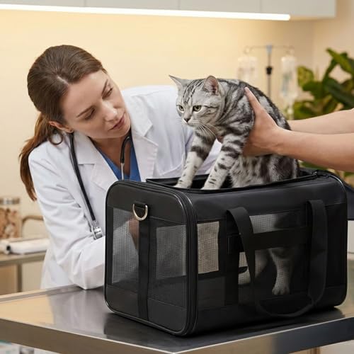 Conlun Cat Carrier Airline Approved, Soft-Sided Dog Carrier with Inner Safety Leash, Pet Transport Carrier for Small-Medium Cats Puppies up to 7KG, Collapsible Travel Kitten Carrier Bag,Black(M)