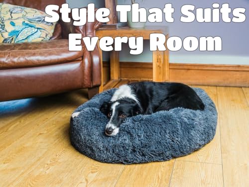 Woof & Whiskers Donut Dog Bed Dark Grey Medium 70cm – Calming Round Plush Pet Bed for Dogs & Cats | Anti-Anxiety Cuddler Bed, Non-Slip Base, Soft, Machine Washable (Dark Grey, 70cm)