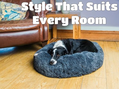 Woof & Whiskers Donut Dog Bed Dark Grey Medium 70cm – Calming Round Plush Pet Bed for Dogs & Cats | Anti-Anxiety Cuddler Bed, Non-Slip Base, Soft, Machine Washable (Dark Grey, 70cm)