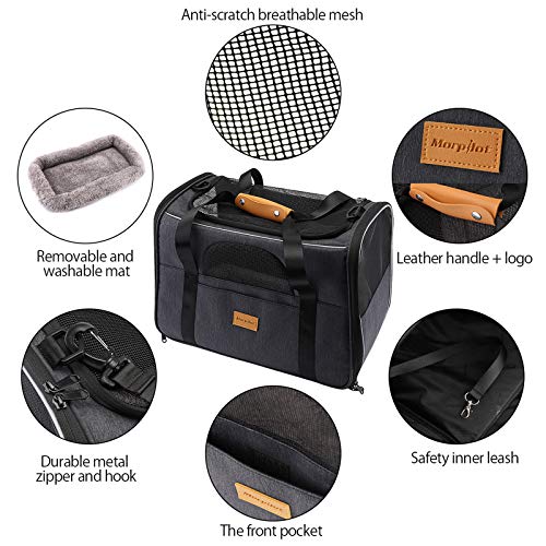 Morpilot Cat Carrier - Airline Approved, Top Opening Portable Dog Bag with Breathable Mesh/Removable Mat, Adjustable Shoulder Strap & Bowl, Foldable Travel Cage, M, Grey (Max 7kg)