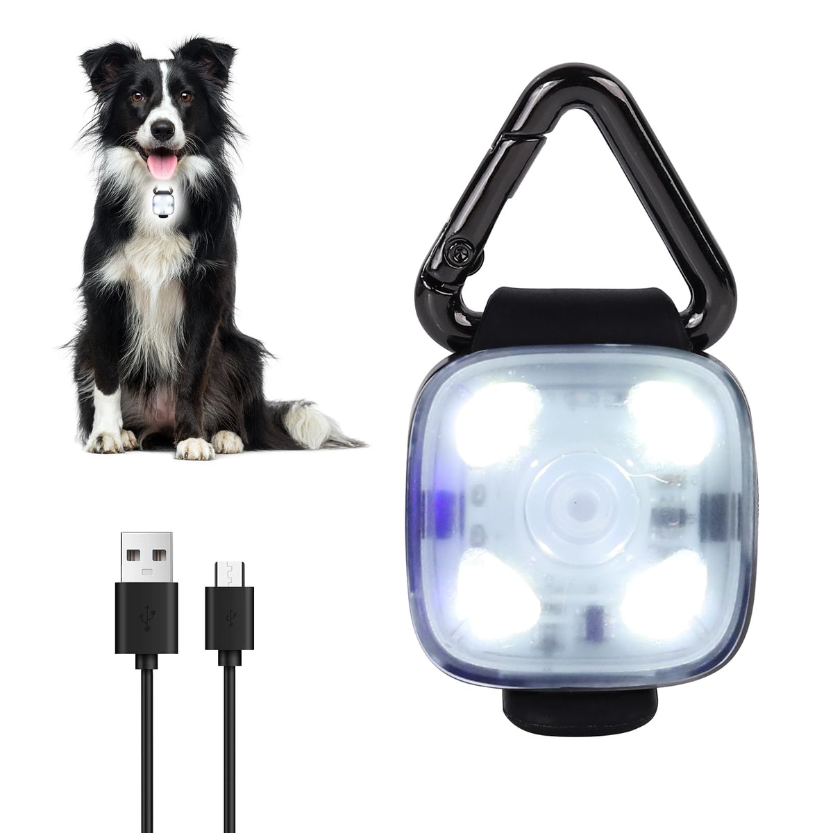 LED Dog Collar Light Rechargeable Clip On – Waterproof USB Pet Safety Light for Dogs, Cat & Owner Visibility, Ideal for Night Walking, Running & Camping (White)