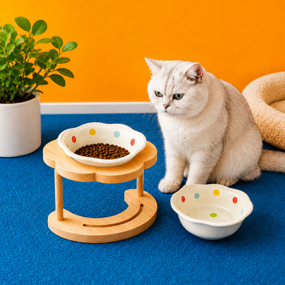 Elevated Ceramic Pet Bowl – Wooden Stand