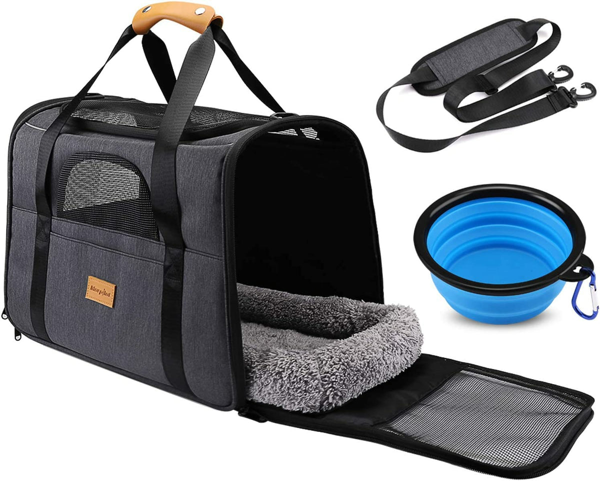 Morpilot Cat Carrier - Airline Approved, Top Opening Portable Dog Bag with Breathable Mesh/Removable Mat, Adjustable Shoulder Strap & Bowl, Foldable Travel Cage, M, Grey (Max 7kg)