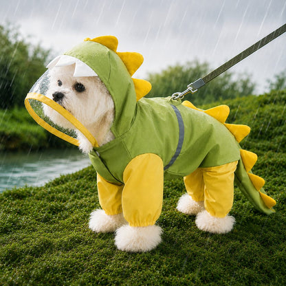 Dinosaur Dog Raincoat with Visor Hood – Full-Body Waterproof