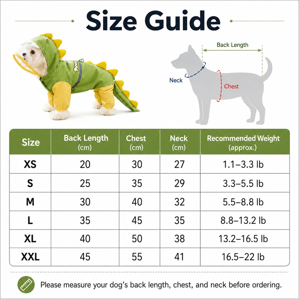 Dinosaur Dog Raincoat with Visor Hood – Full-Body Waterproof