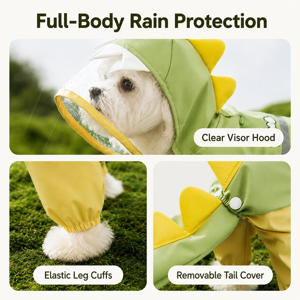 Dinosaur Dog Raincoat with Visor Hood – Full-Body Waterproof
