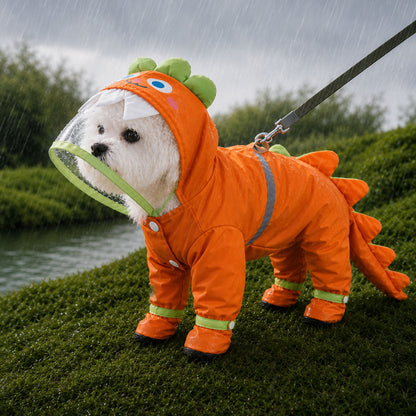 Dinosaur Dog Raincoat with Visor Hood – Full-Body Waterproof