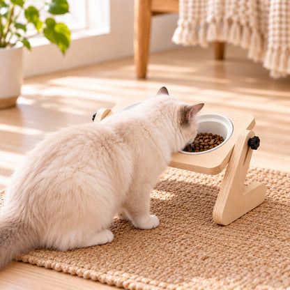 Wooden Elevated Pet Feeder – Double Ceramic Bowls