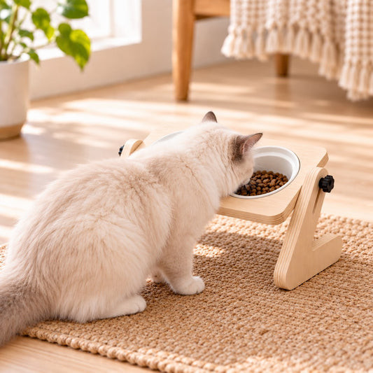 Wooden Elevated Pet Feeder – Double Ceramic Bowls