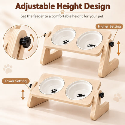 Wooden Elevated Pet Feeder – Double Ceramic Bowls