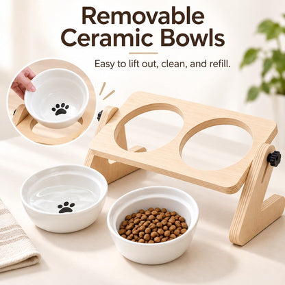 Wooden Elevated Pet Feeder – Double Ceramic Bowls
