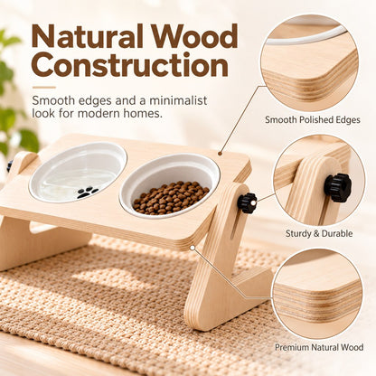 Wooden Elevated Pet Feeder – Double Ceramic Bowls