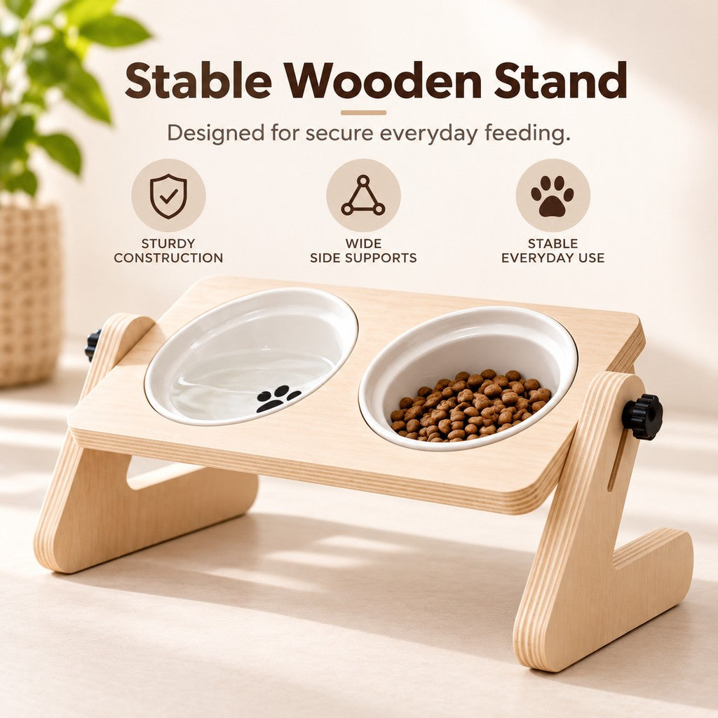 Wooden Elevated Pet Feeder – Double Ceramic Bowls