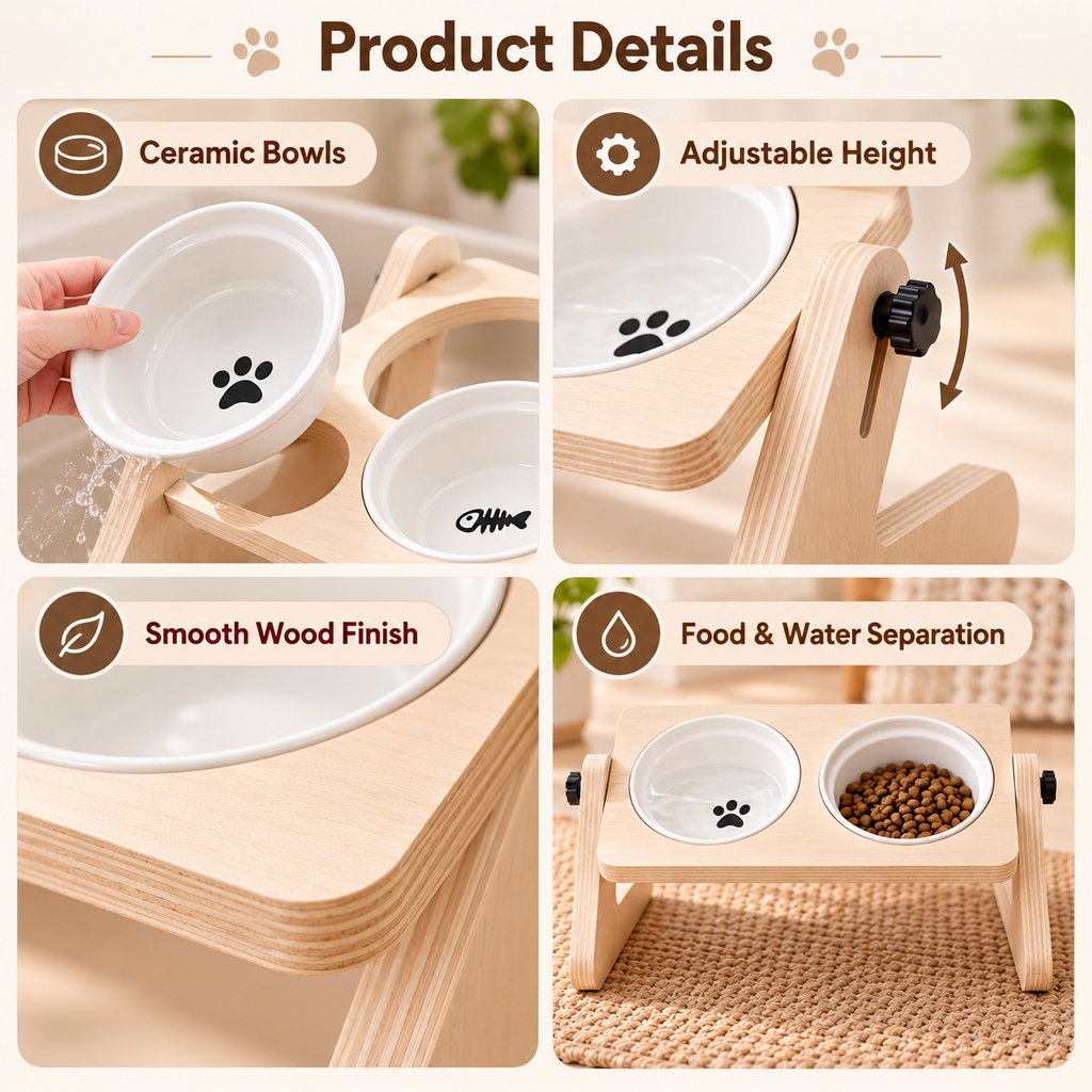 Wooden Elevated Pet Feeder – Double Ceramic Bowls