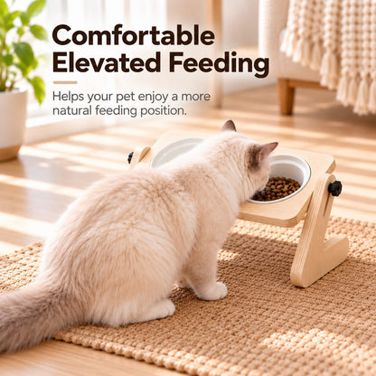 Wooden Elevated Pet Feeder – Double Ceramic Bowls