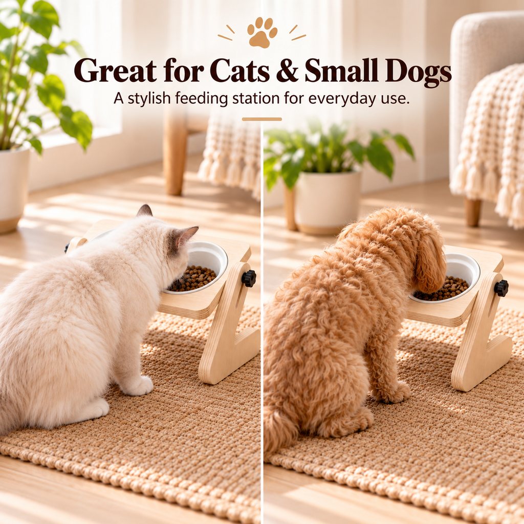 Wooden Elevated Pet Feeder – Double Ceramic Bowls