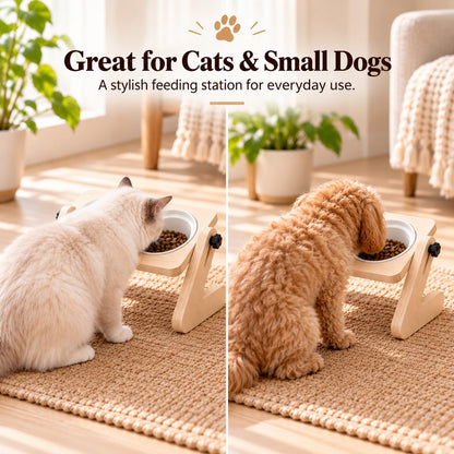 Wooden Elevated Pet Feeder – Double Ceramic Bowls