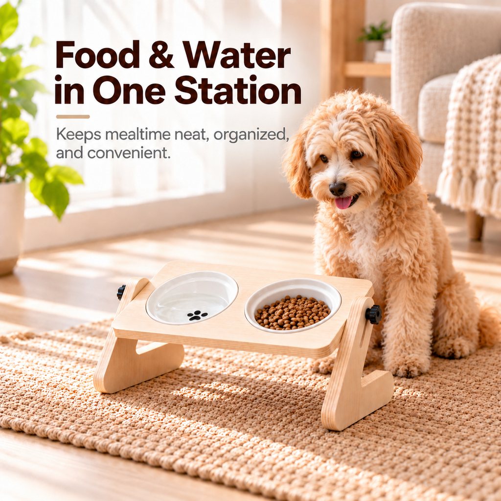 Wooden Elevated Pet Feeder – Double Ceramic Bowls