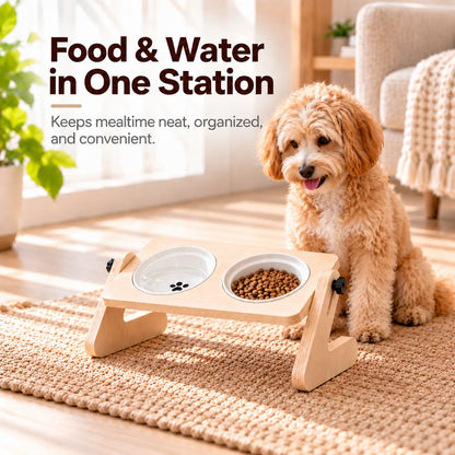 Wooden Elevated Pet Feeder – Double Ceramic Bowls