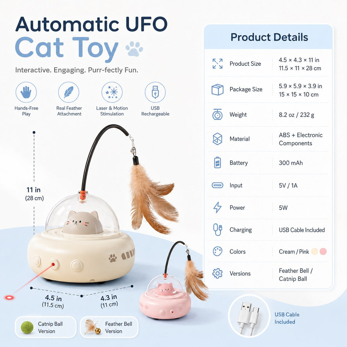 Automatic UFO Cat Toy – Laser, Feather & Catnip Play
