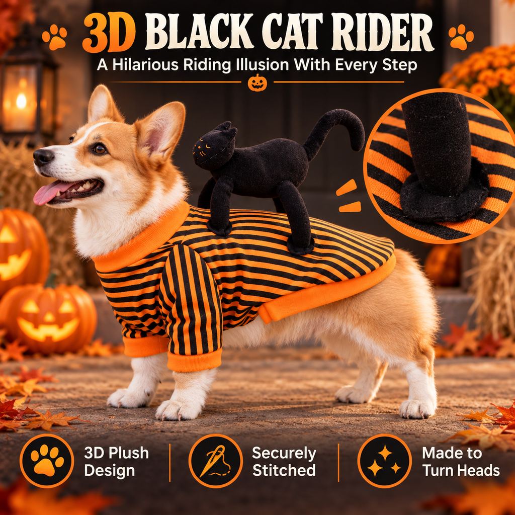 Black Cat Rider Pet Costume – Funny 3D Halloween