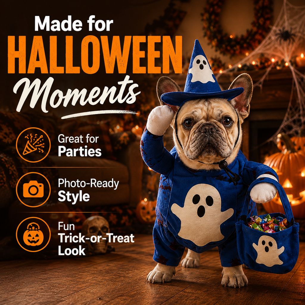 Glow Ghost Wizard Dog Costume – Hat & Treat Bag