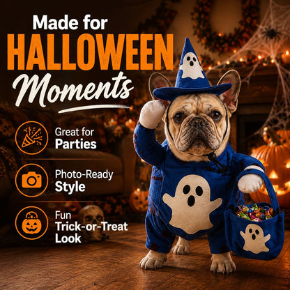 Glow Ghost Wizard Dog Costume – Hat & Treat Bag