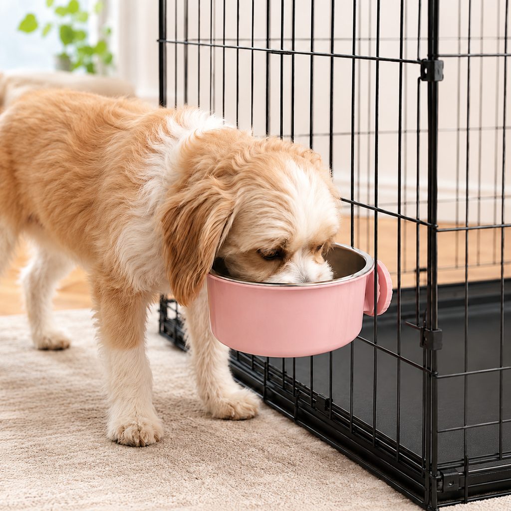 Crate-Mounted Steel Pet Bowl – Spill-Free Kennel Feeding