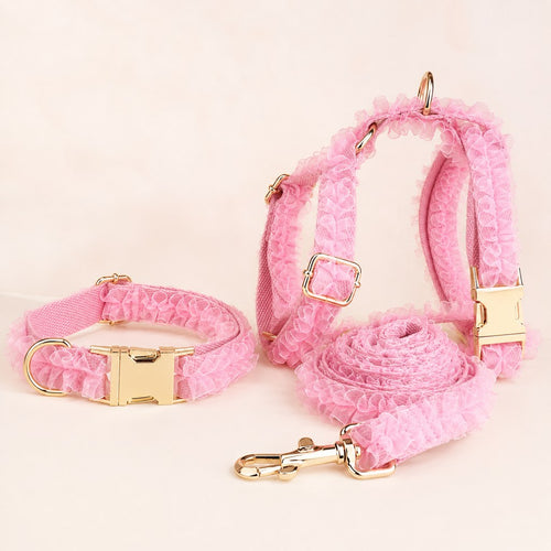 Lace Dog Harness, Collar & Leash Set – 3-Piece Ruffle