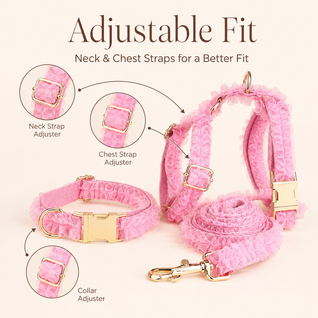 Lace Dog Harness, Collar & Leash Set – 3-Piece Ruffle